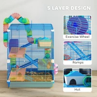 PawHut 5 Tiers Hamster Cage Portable with Exercise Wheels Play Tube Water Bottle Dishes House Ladder for Gerbils, Blue(m-6)