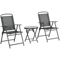 Outsunny 3 Pieces Bistro Set, Foldable Patio Furniture Set with Mesh Chairs, Glass Table for Garden, Balcony, Charcoal Grey(m-2)