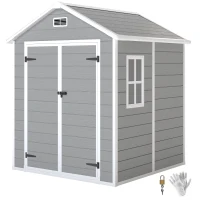 Outsunny 6' x 5' Plastic Outdoor Storage Shed, Garden Shed with Floor, Window, Lockable Doors and Vents, Wood Effect Grey(m-11)