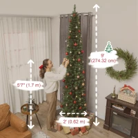 HOMCOM 9ft Christmas Tree with Colourful DIY Synchronized LEDs, Hinged Pencil Xmas Tree with Remote, Daily Timer, Green(m-3)