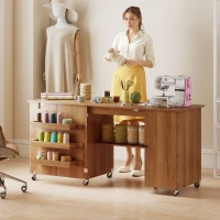 HOMCOM Sewing Machine Table with Drop Leaf, Folding Craft Table with 2 Doors and Adjustable Shelf for Small Spaces, Brown(m-8)