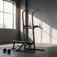 Soozier Foldable Power Tower Pull Up Dip Station with Adjustable Weight Bench for Home Gym Strength Training Fitness(m-10)