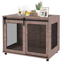 PawHut 39" Dog Crate Furniture, Dog Kennel Furniture End Table with Sliding Barn Door for Large Dogs, Walnut Brown