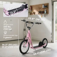 HOMCOM Kick Scooter for Children 5+ Years, Adjustable Height, with Large Inflatable Wheels, Dual Brakes - Pink(m-3)