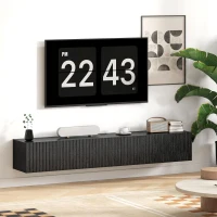 HOMCOM 55" Floating TV Stand for TVs up to 72 Inch, Wall Mount Media Console with 2 Fluted Flip-Down Doors, Cable Hole, Black(m-10)