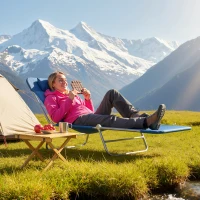 Outsunny Outdoor Lounge Chair, Portable Adjustable Reclining Seat Folding Chaise Lounge Patio Camping Beach Tanning Chair Bed with Pillow, Dark Blue(m-10)