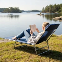 Outsunny Outdoor Lounge Chair, Portable Adjustable Reclining Seat Folding Chaise Lounge Patio Camping Beach Tanning Chair Bed with Pillow, Dark Blue(m-8)