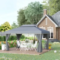 Outsunny 13' x 10' Patio Gazebo Canopy with 2-Tier Polyester Roof, Vented Mesh Sidewall & Strong Aluminum Frame, Grey(m-8)