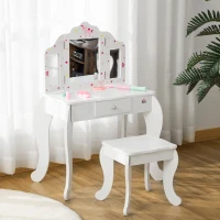 Qaba Kids Vanity Table and Stool, Makeup Vanity Girls Dressing Table Set with Tri-folding Mirrors Drawer Star and Heart Pattern, White(m-8)