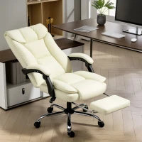 HOMCOM Executive Office Chair, Pet-Friendly Leather Ergonomic Desk Chair with Footrest, Swivel Recliner, Beige(m-8)
