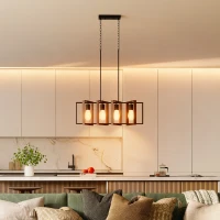 HOMCOM Farmhouse Kitchen Island Lighting, Linear Pendant Light with 4 Rotatable Frames and Adjustable Height, Walnut(m-1)