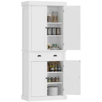 HOMCOM 72.5" Kitchen Pantry Cabinet, Traditional Freestanding Storage Cabinet with 4 Doors, Drawer and 3 Adjustable Shelves for Dining Room, White(m-1)