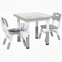 Qaba 3 Pieces Toddler Table and Chair Set, Height Adjustable Kids Table and Chair Set w/ Storage, for Playroom Grey(m-11)