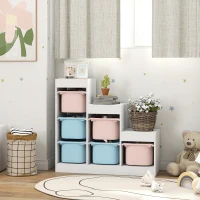 Qaba 3 Layers Toy Storage Organizer Kids Bookshelf Children Toy Storage w/ 6 Plastic Bins, Blue & Pink(m-8)