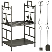 Outsunny 20.25" x 13" x 30.25" 2-Layer Heavy Duty Firewood Rack Wood Log Fireplace Stacker  w/ 4 Tools, Black and Gold(m-2)