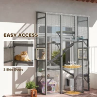 PawHut Wooden Catio Outdoor Cat Enclosure with 6 Jumping Platforms, Scratching Post, 2 Ramps, Waterproof Roof, Grey(m-6)