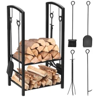 Outsunny 2-Tier Firewood Log Rack with 4 Tools, Fireplace Wood Storage Holder with Shovel, Broom, Poker, Tongs and Hooks, Black(m-2)