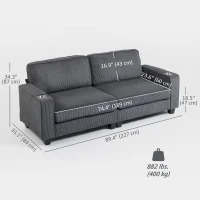 HOMCOM Three Seater Sofa, Fabric 3 Seater Couch with Spring Cushion and Cup Holders for Living Room, Bedroom, Dark Grey(m-3)