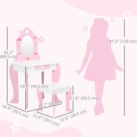 Qaba Kids Vanity Table & Chair Set Girls Dressing Set with Mirror Drawer Cute Patterns for 3-6 Years Old, Pink(m-3)