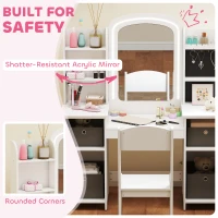Qaba Kids Vanity Table and Chair, Toddler Dressing Table and Chair Set with Lighted Mirror for Little Girls, White(m-7)