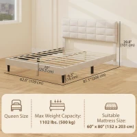 HOMCOM Queen Size Bed Frame with Upholstered Headboard, Modern Platform Bed Frame with Wood Slats, 1100 lbs Capacity, Cream(m-3)