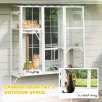 PawHut Wooden Catio Outdoor, Cat Window Box Enclosure for 2-3 Large Cats with 2 Jumping Platforms & Scratching Post, White(m-4)