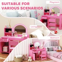 Qaba Kids Vanity Set, Toddler Dressing Table and Chair Set  with Lighted Mirror, Cabinet, Drawer and Shelves, Pink(m-9)