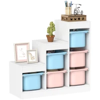 Qaba 3 Layers Toy Storage Organizer Kids Bookshelf Children Toy Storage w/ 6 Plastic Bins, Blue & Pink(m-11)