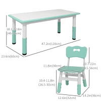 Qaba Kids Table and Chair Set with 4 Chairs, Adjustable Height, Easy to Clean, for 1.5 - 8 Years Old, Green(m-3)