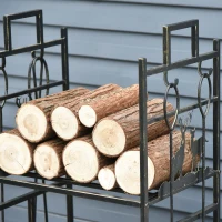 Outsunny 20.25" x 13" x 30.25" 2-Layer Heavy Duty Firewood Rack Wood Log Fireplace Stacker  w/ 4 Tools, Black and Gold(m-9)