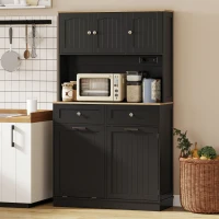 HOMCOM 68" Pantry Cabinet with Charging Station, Storage Cabinet with Microwave Stand, 10 Gallon Trash Can Cabinet, Black(m-8)