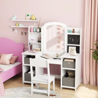 Qaba Kids Vanity Table and Chair, Toddler Dressing Table and Chair Set with Lighted Mirror for Little Girls, White(m-8)