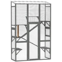 PawHut Wooden Catio Outdoor Cat Enclosure with 6 Jumping Platforms, Scratching Post, 2 Ramps, Waterproof Roof, Grey(m-11)