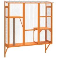 PawHut Wooden Catio Outdoor, Cat Window Box Enclosure for 2-3 Large Cats with 2 Jumping Platforms & Scratching Post, Orange(m-11)