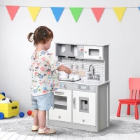 Qaba Kids Kitchen Play Cooking Toy Set, Educational Pretend Role Playset Game with Sound & Light Effect, Battery Operated Cooktop, Ice Machine for 3-6 Years, Grey(m-1)