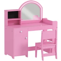 Qaba Kids Vanity Set, Toddler Dressing Table and Chair Set  with Lighted Mirror, Cabinet, Drawer and Shelves, Pink(m-2)