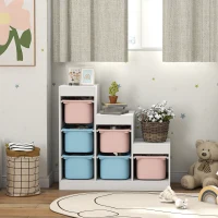 Qaba 3 Layers Toy Storage Organizer Kids Bookshelf Children Toy Storage w/ 6 Plastic Bins, Blue & Pink(m-9)