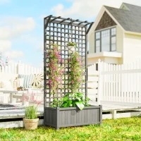 Outsunny Wood Planter with Trellis for Vine Climbing, Raised Garden Bed, Privacy Screen for Backyard, Patio, Deck, Dark Grey(m-1)