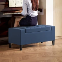 HOMCOM Storage Ottoman Bench, Linen Upholstered Bench with Tufted Design, Dark Blue(m-10)