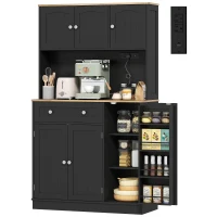 HOMCOM 68" Pantry Cabinet with Charging Station, Kitchen Storage Cabinet with Microwave Stand, 4 Door Racks, Black(m-2)