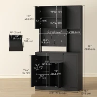 HOMCOM 71" Pantry Cabinet with Charging Station, Kitchen Storage Cabinet with Microwave Stand, Pegboard, 6 S-hooks, Black(m-3)