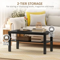 HOMCOM 2 Tier Coffee Table, Rectangular Center Table with Storage Shelf for Living Room, Home Office, Black(m-5)