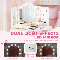 Qaba Kids Vanity Table and Chair Set with Lights, Makeup Dressing Table with Tri-Fold Mirror for Ages 3-8 Years, White(m-5)