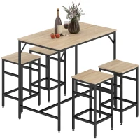 HOMCOM 5 Pieces Industrial Rectangular Bar Table Set, Dining Table Set Breakfast Table with 4 Stools for Dining Room, Kitchen, Dinette, Oak(m-2)