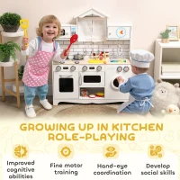 Qaba Pretend Play Kitchen for Kids, Pretend Kids Kitchen Playset with Switch Knob Sound, Clock, for Ages 3-6 Years, White(m-9)
