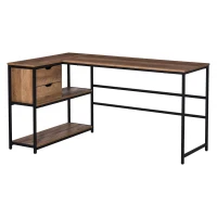 HOMCOM L-Shaped Home Offie Computer Desk with Storage Shelves, 2 Dawers and Industrial Steel Frame, Black/Brown(m-1)