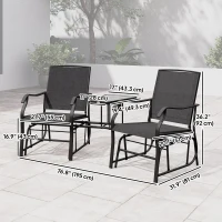 Outsunny Patio Double Glider Chair with Glass Top Center Table, Outdoor Glider Chair with High Back,  Sling Fabric for Garden, Bench, Black(m-3)