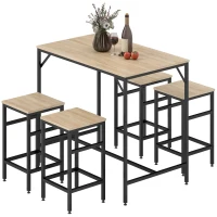 HOMCOM 5 Pieces Industrial Rectangular Bar Table Set, Dining Table Set Breakfast Table with 4 Stools for Dining Room, Kitchen, Dinette, Oak(m-11)