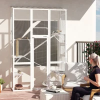 PawHut Wooden Catio Outdoor Cat Enclosure with 6 Jumping Platforms, Scratching Post, 2 Ramps, Waterproof Roof, White(m-10)