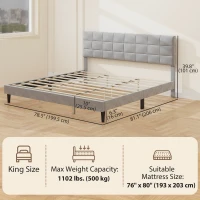 HOMCOM King Size Bed Frame with Upholstered Headboard, Modern Platform Bed Frame with Wood Slats, 1100 lbs Capacity, Grey(m-3)